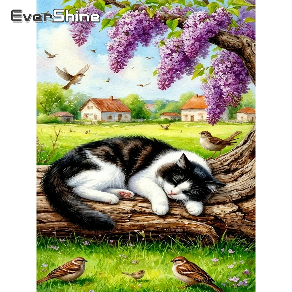 Evershine Diamant-Gemälde, Katzen-Stickerei, Landschaft, quadratisches Bild mit Strass-Diamanten, Mosaik, Haus, DIY, handgefertigtes Geschenk