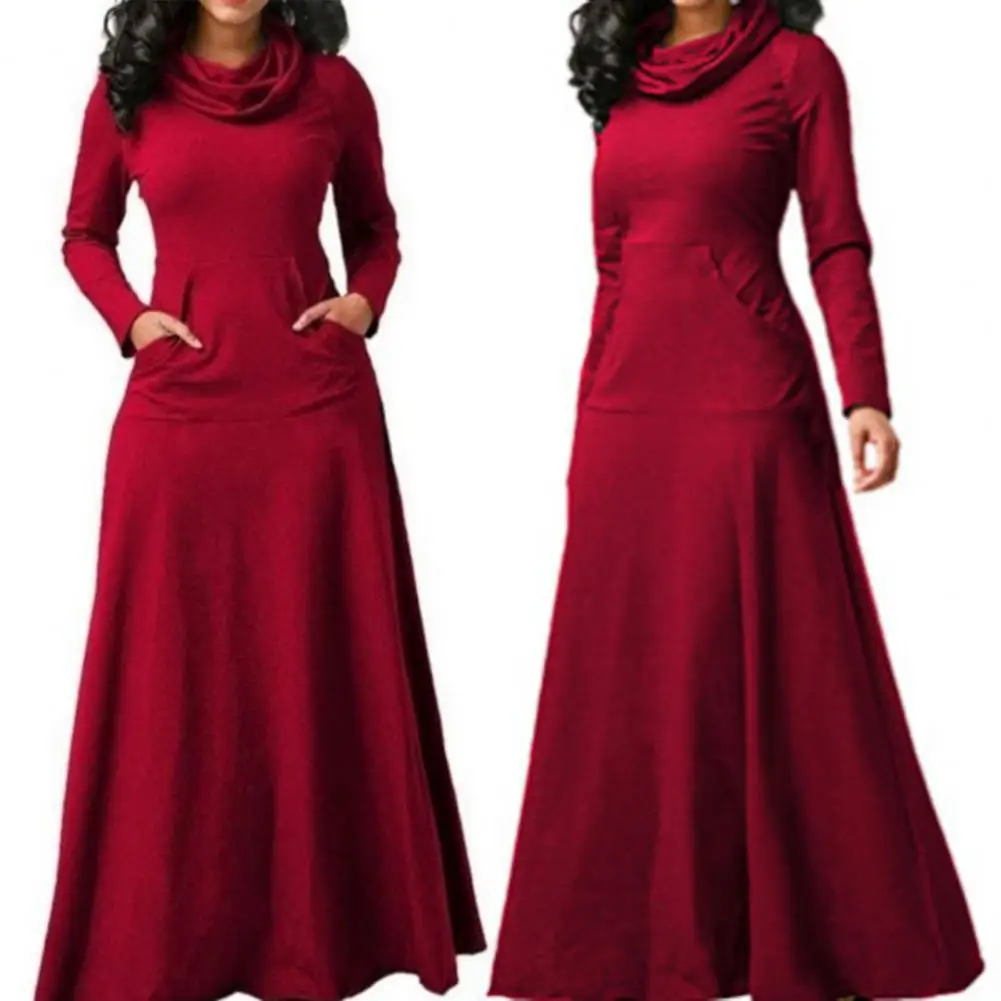 Size 4XL Elegant Long Maxi Dress Autumn Winter Warm High Collar Women Long-sleeved Dress 2023 Woman Clothing With Pocket