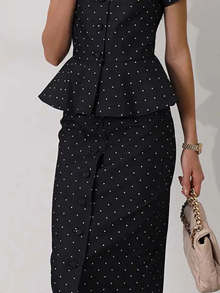 

Summer New Slim Women Party Two Piece Office Lady Polka Dot Printed Outfits Fashion O-neck Short Sleeve Tops + Half Skirts Sets
