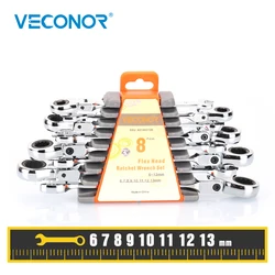 Veconor 8PCS Ratcheting Wrench Set Metric Flex Head Combination Spanner Keys Kit Open End Ratchet Wrenches Car Repair Hand Tools