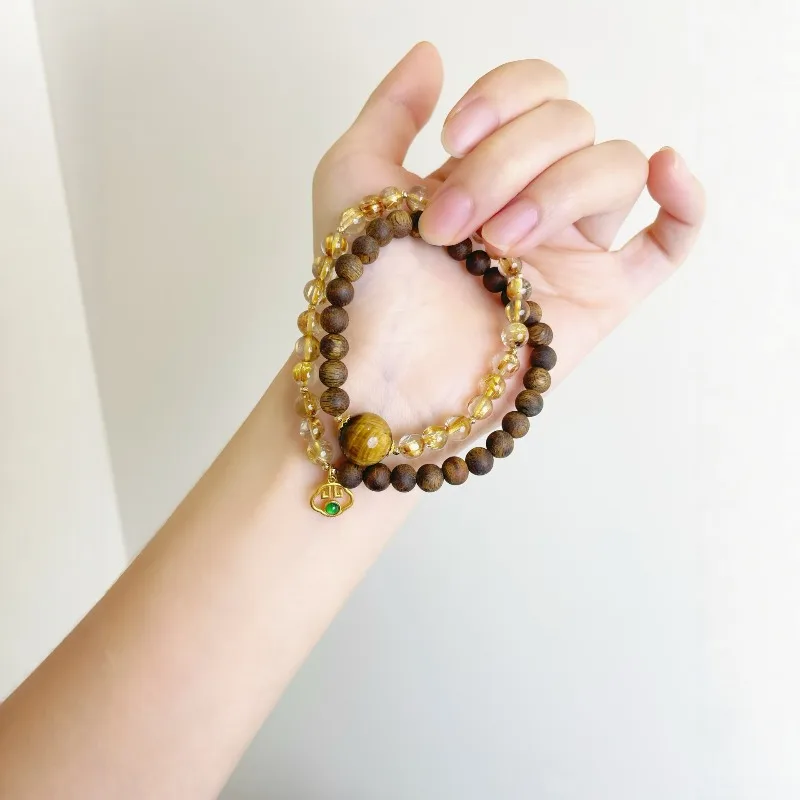 Natural Agarwood Double Circle Tiger Eye Stone Bracelet Women Layered Stackable Lucky Charm Bead Hand Chain Gifts
