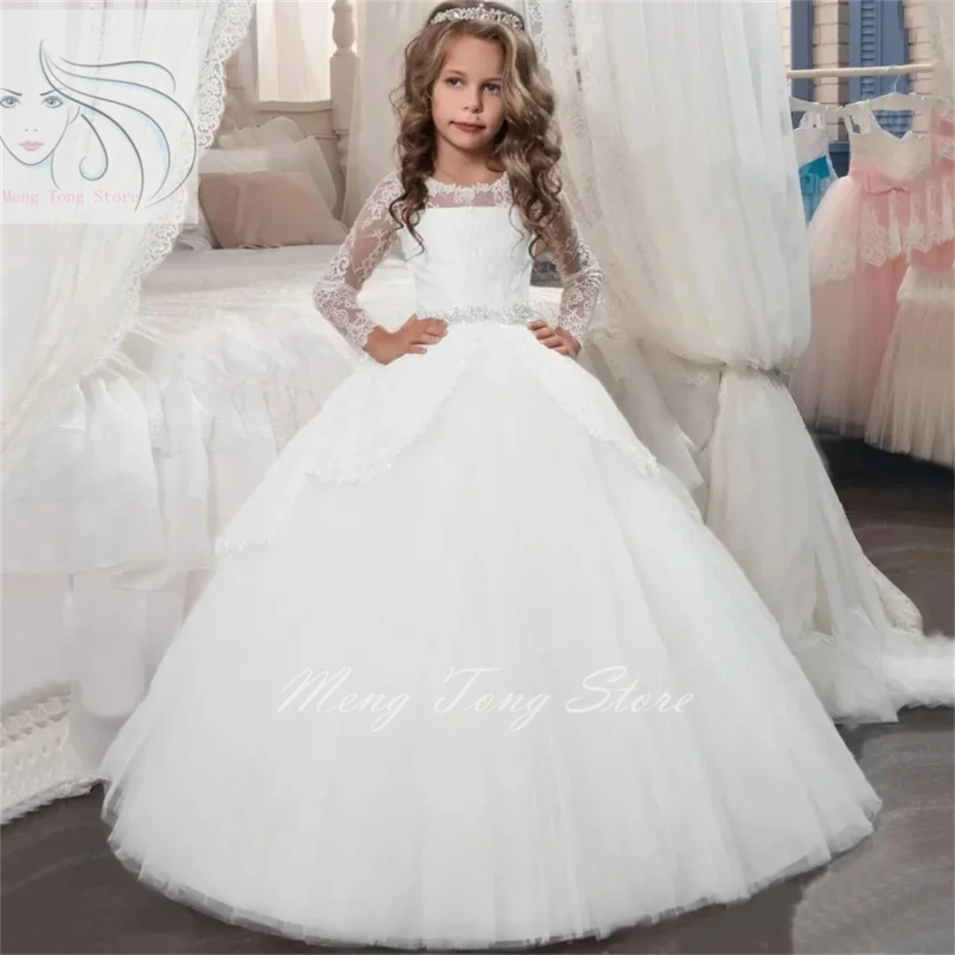 Tule branco Puffy Apliques Vestidos com laço, manga comprida, florista, casamento, festa de aniversário, vestidos de primeira comunhão