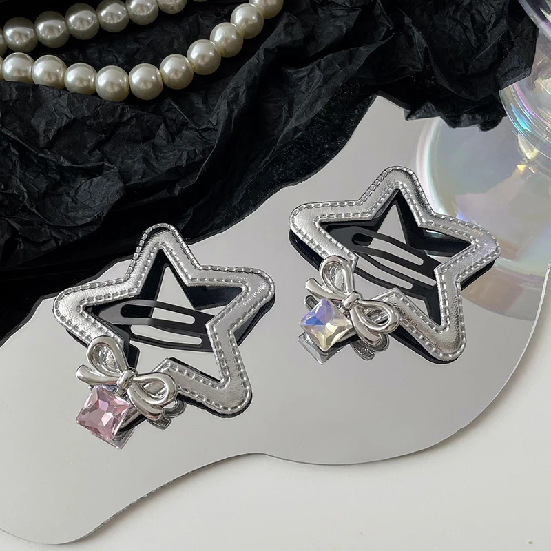 Sweet PU Star Hair Clip Bow Rhinestone Pendant Pentagram BB Clips Fashion Y2k Hairpin Side Clip Barrettes All-match Headwear