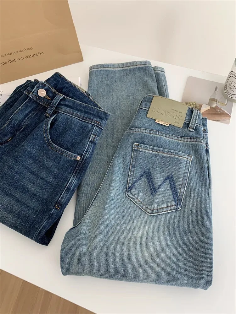 

Classic Blue Straight Leg Jeans Women's Small Size Nine-Piece Smoke Tube Slimming Versatile Elastic French Bread Pants Spring...