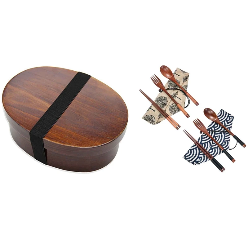 

Premium-1X Wooden Lunch Boxs Food Containers Japanese Style Bento Lunchbox & 2 Set Wooden Flatware Tableware Cutlery Set