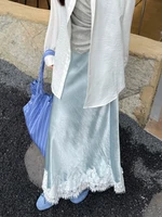 Satin Lace Patchwork Midi Skirt 2025 Women A-line Elegant Smooth Skirt Women Clothing - Image 4