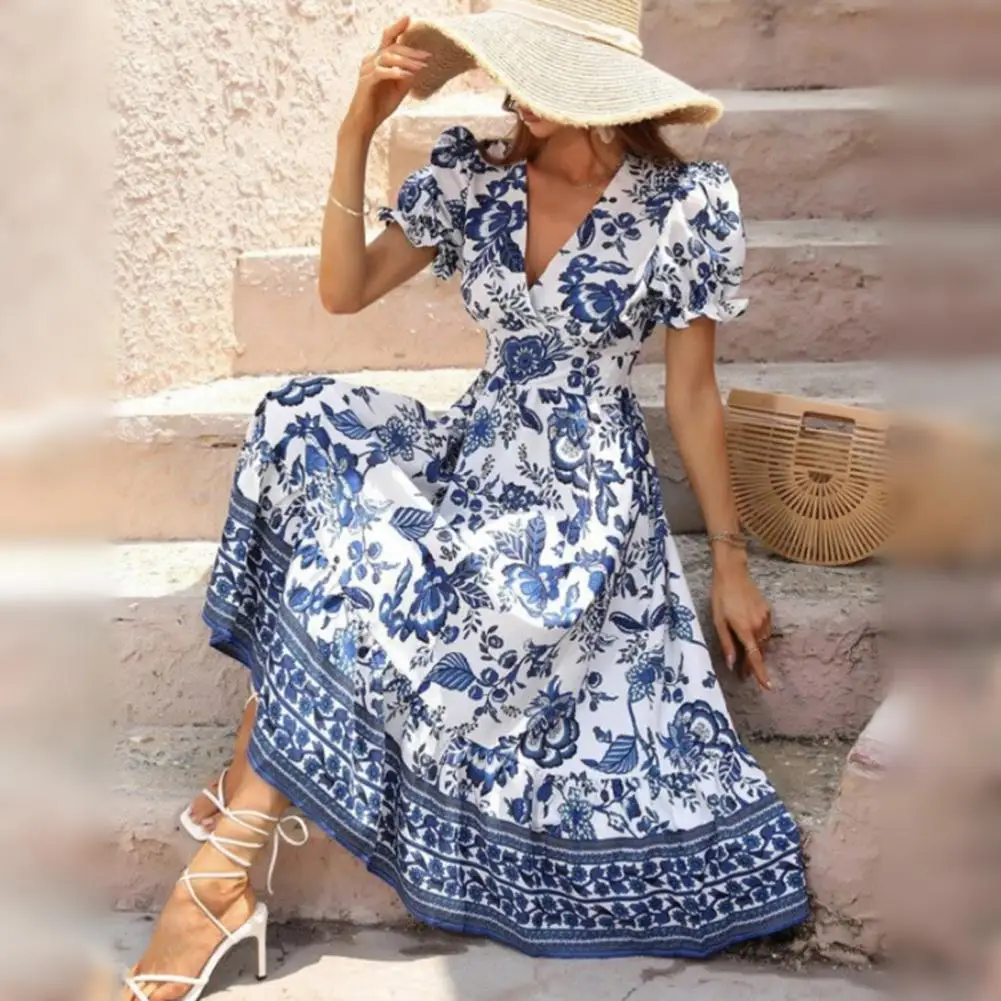 Summer Printed Dress V-neck Puff Sleeve Dress Floral Print V Neck Midi Dress with Puff Sleeves High Waist A-line for Vacation