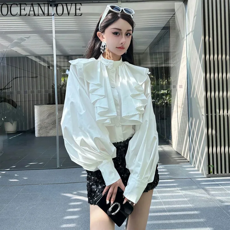 

OCEANLOVE Lantern Sleeve Women Shirts&blouses Ruffles Solid Spring Autumn Blusas Mujer Korean Fashion Elegant Camisas