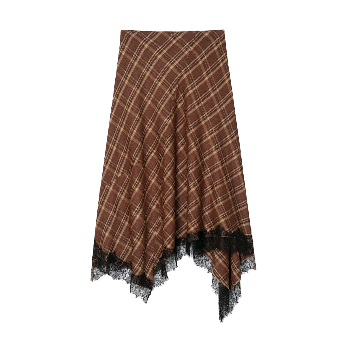 JNLEAOG Summer New Women's Fashion Limited Edition Plaid Lace Skirt High Waist Asymmetric Polyester Fiber Ladies Skirts