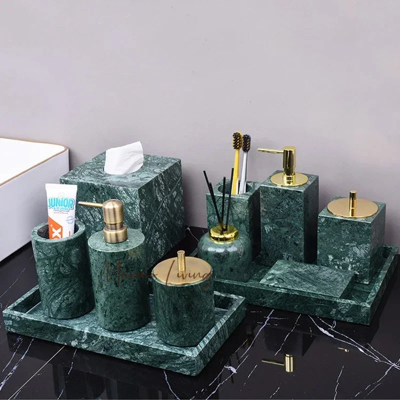

Dark Green Natural Marble Bathroom Set Nordic Style Light Luxury Tray Toothbrush Holder Soap Dispenser Kit Bathroom