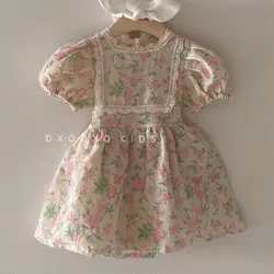 Kids Clothes Summer Cotton Classic Floral Pattern Short Sleeve Dress Girls Summer Long Dress