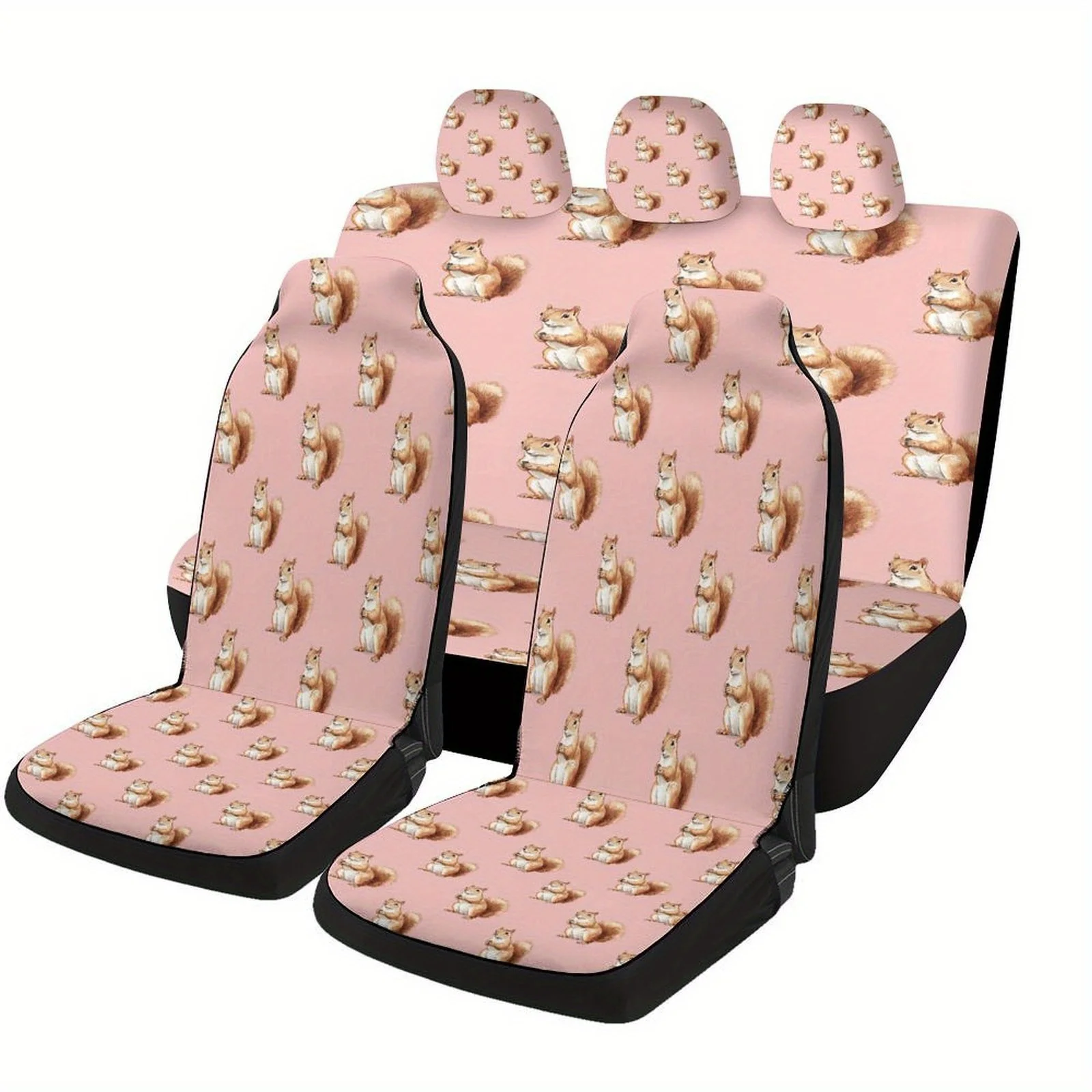 Squirrel Pattern Themed Car Seat Cover Set For Most Cars, Fashionable Novelty Car Seat Protector Covers Full Set, Car Seat Cove