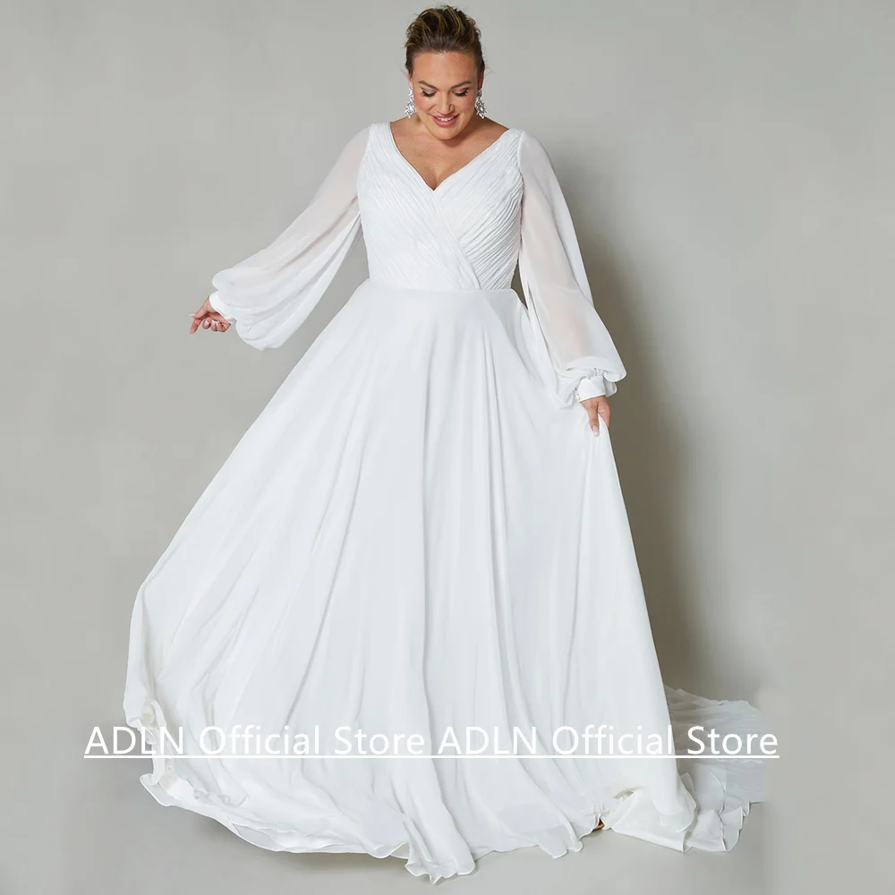 

Simple Plus Size Wedding Dress Customized Puff Sleeves V Neck Ruched Pleat Chiffon Beach Bridal Gown Sweep Train Robe Mariee