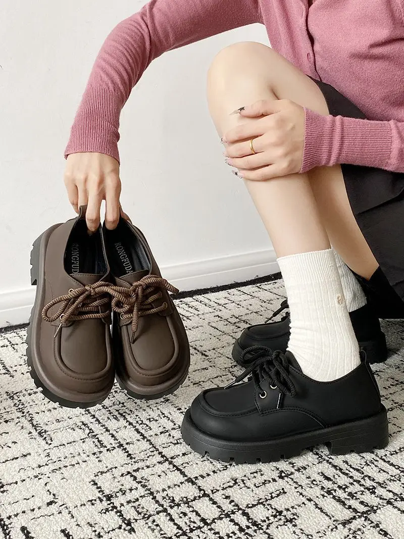 

Leisure Sports Womens Single Shoes Color Blocking Thick Soled Leather Flat Vulcanized Running Shoes Platform Sneakers Zapatillas