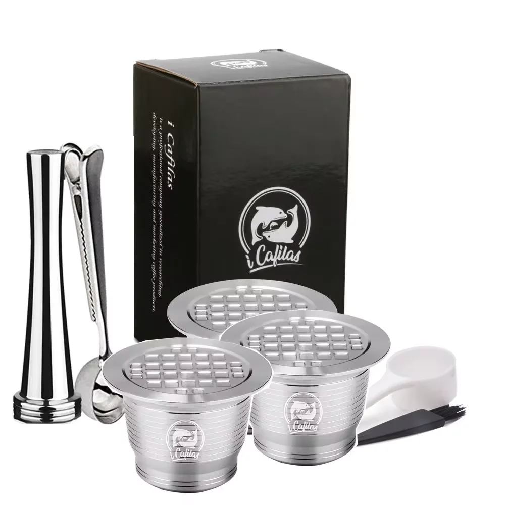 Colher de cápsula de café reutilizável recarregável de metal ICafilas Stianless com clipes Tamper para cápsula Nespresso