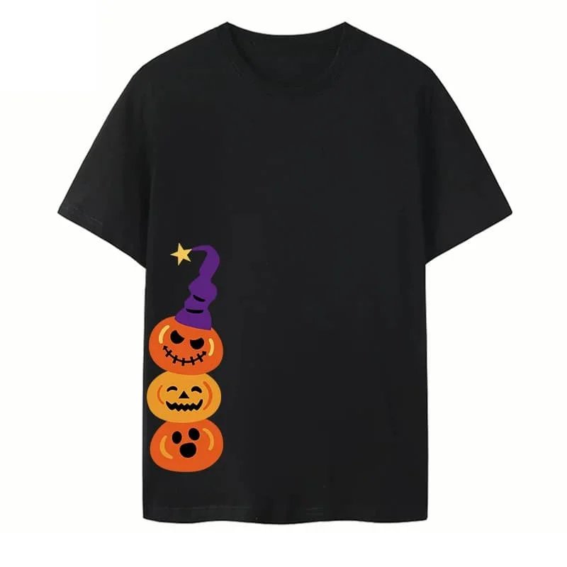 Three Pumpkin Faces Witch Hat Kids T Shirt Summer Short Sleeve Funny Cartoon Graphic Tee Casual Halloween Party Boys Girls Tee