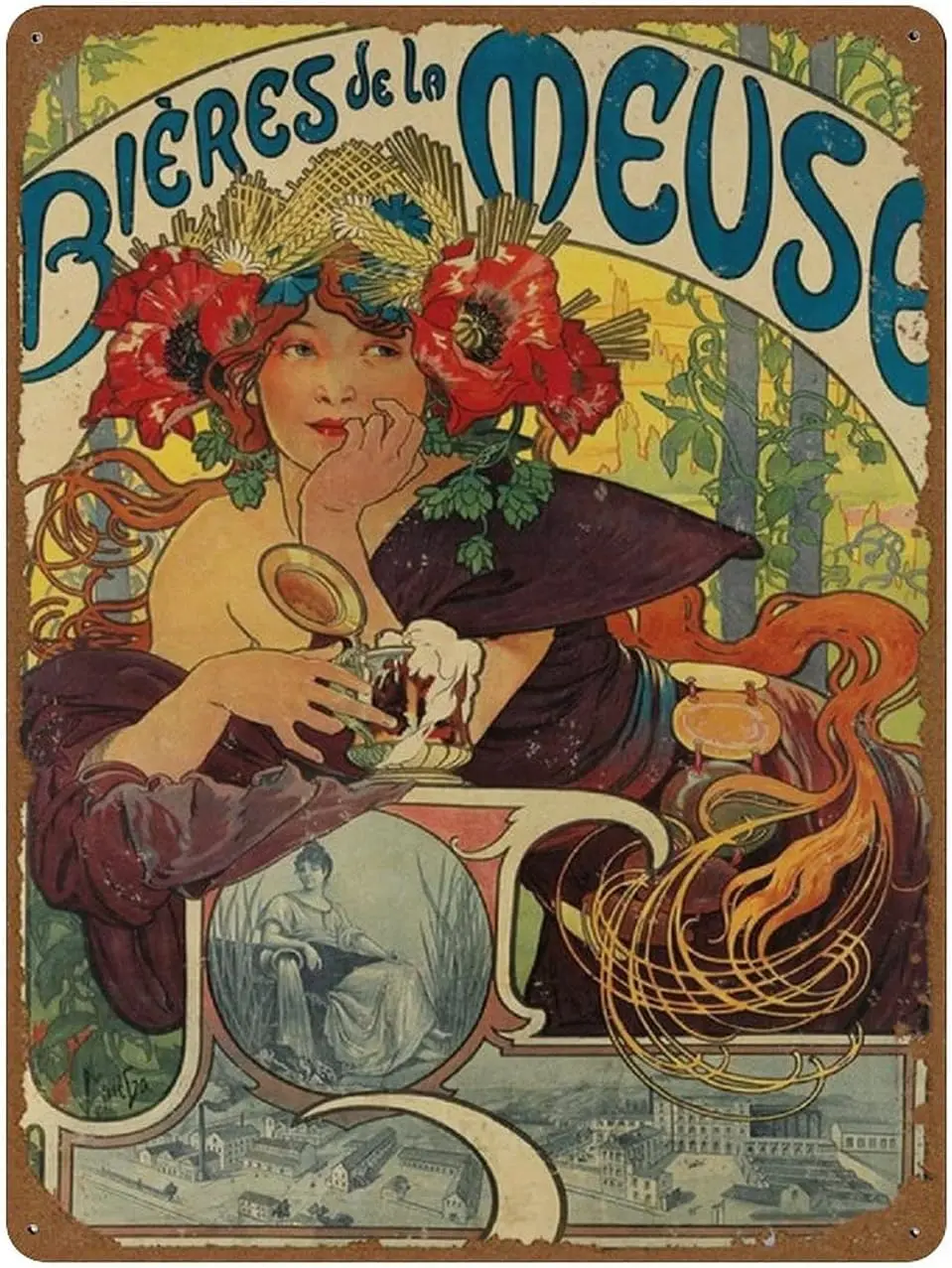 Bières De La Meuse France 1897 Alphonse Mucha Vintage Beers Wines & Spirits Art Nouveau Poster Novelty 12x16 Tin Sign M sign