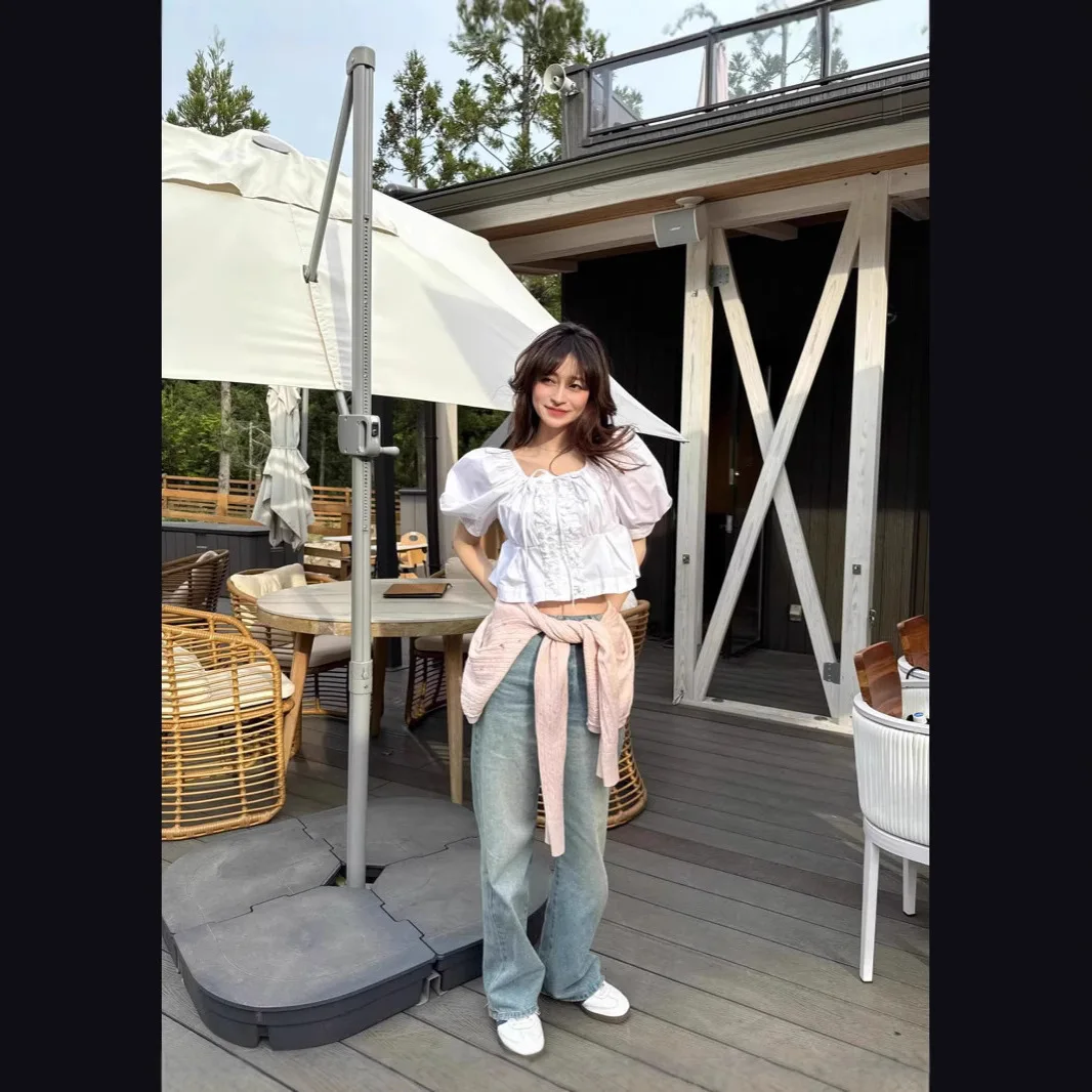 

Gagarich Japanese Sweet Bubble Sleeve Shirt Summer New Short-Sleeved Chic French Top Womens Folded Wooden Earrings