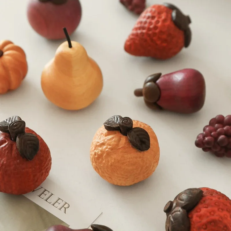 Wood Carving Fruit and Vegetable Small Ornament Wooden Mangosteen Cute Solid Wood Fruit Healing Gift Desktop Decoration