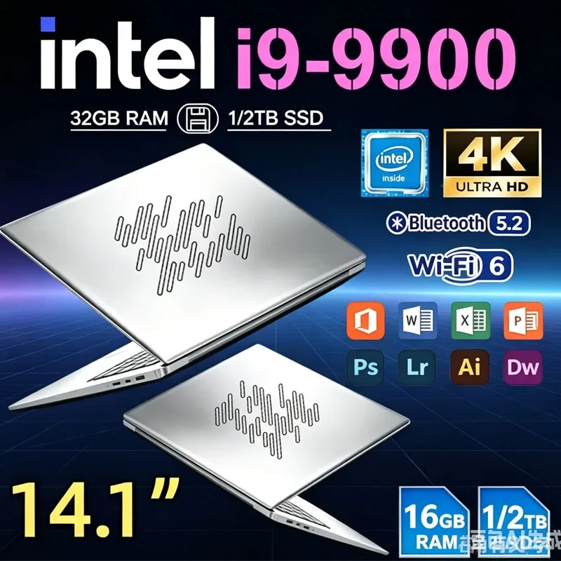 2026 New Laptop 14.1 Inch Windows 11 Intel Core I9 9900 16GB RAM 1TB 2TB SSD Fingerprint Unlock Study Office Pc Gaming Laptops