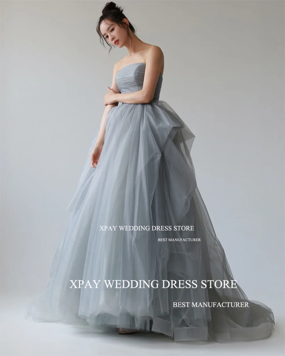 XPAY Strapless Dusty Blue Korea Evening Dress Customised Backless Sleeveless Formal Gown Photo Shoot Tiered Wedding Party Dress