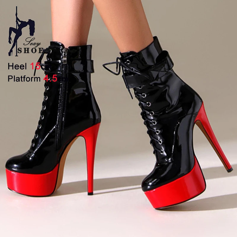 

Зимние красные женские ботильоны из лакированной кожи на очень высоком тонком каблуке 15 см на платформе 4,5 см с перекрестными ремешками и боковыми молниями, короткие ботинки