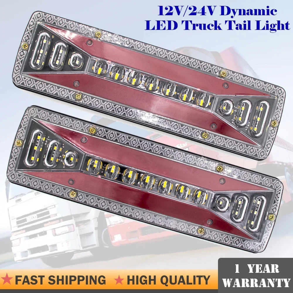 

2pcs 12V 24V LED Car Truck Tail Light Rear Dynamic Turn Signal Brake Stop Reverse Lamp Trailer Tractor Lorry Bus Caravans