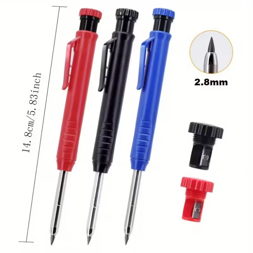 2.8mm Solid Carpenter Pencil Set Mechanical Pencil 3 Colors Refill Cap Carpentry Marking Scriber Construction Woodworking Tools
