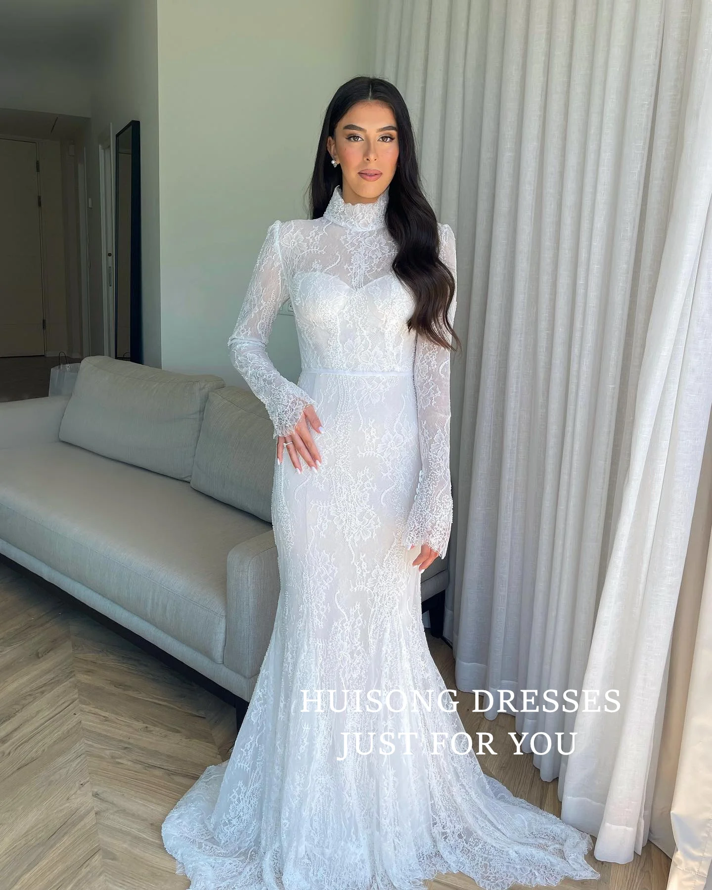 

HUISONG Customized vestidos mujer Modest Lace Appliques Mermaid Wedding Dresses High-Neck Long Sleeves Beach Bridal Gown שמלת כל