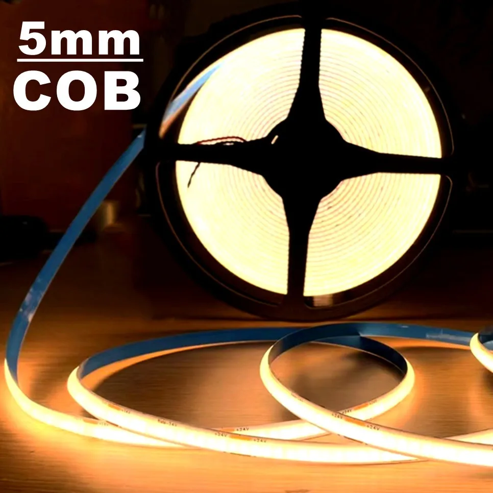 5MM COB LED Strip lampu DC 12V 24V 480LED/320LEDsM/kepadatan tinggi Linear Dimmable fleksibel COB pita lampu Bar 3000K 4000K 6000K