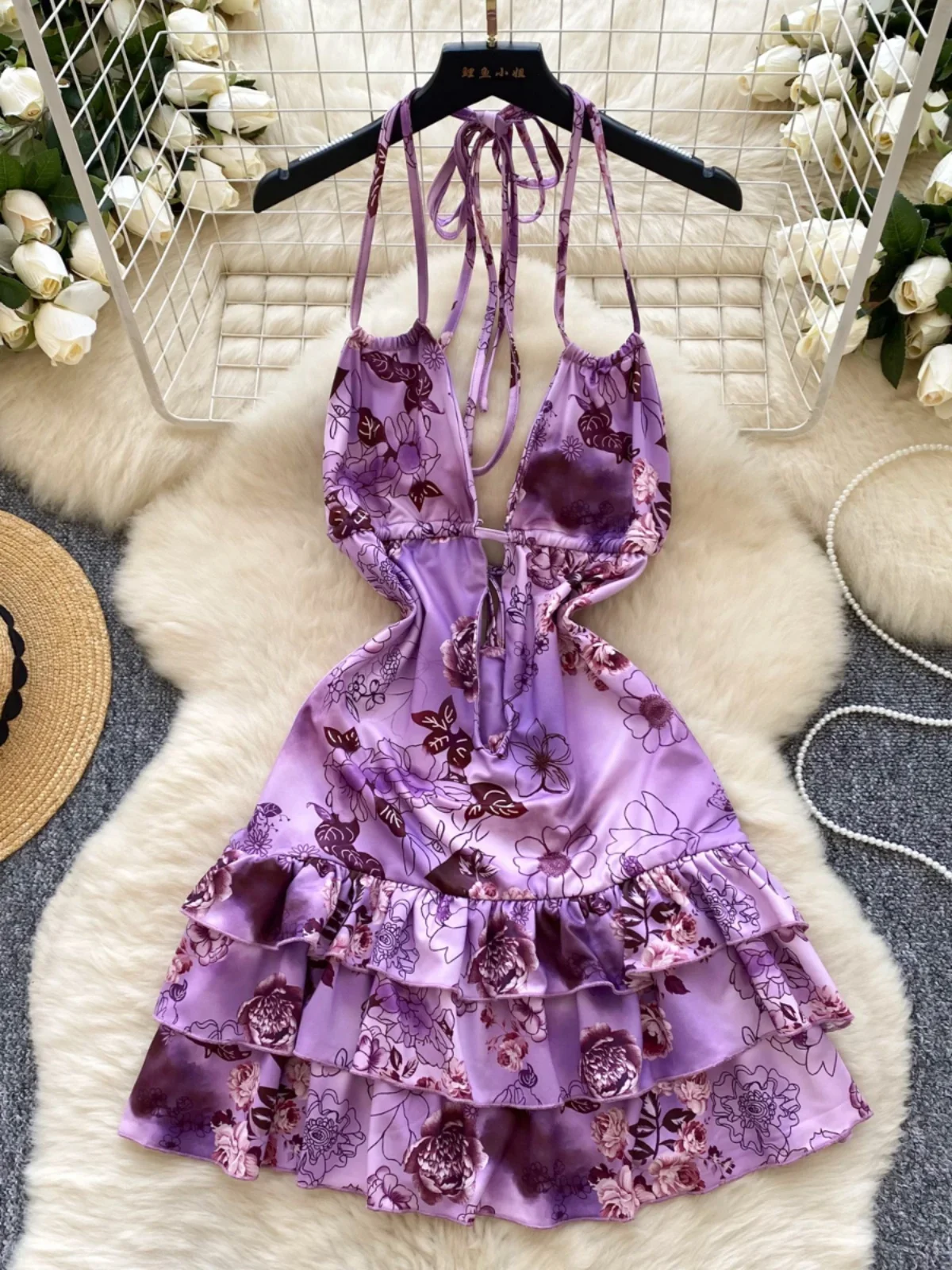 Foamlina Sexy V-Neck Chest Exposed Halter Suspender Dress Vacation Women's Purple Printed Lotus Leaf Edge Short Holiday Dresses