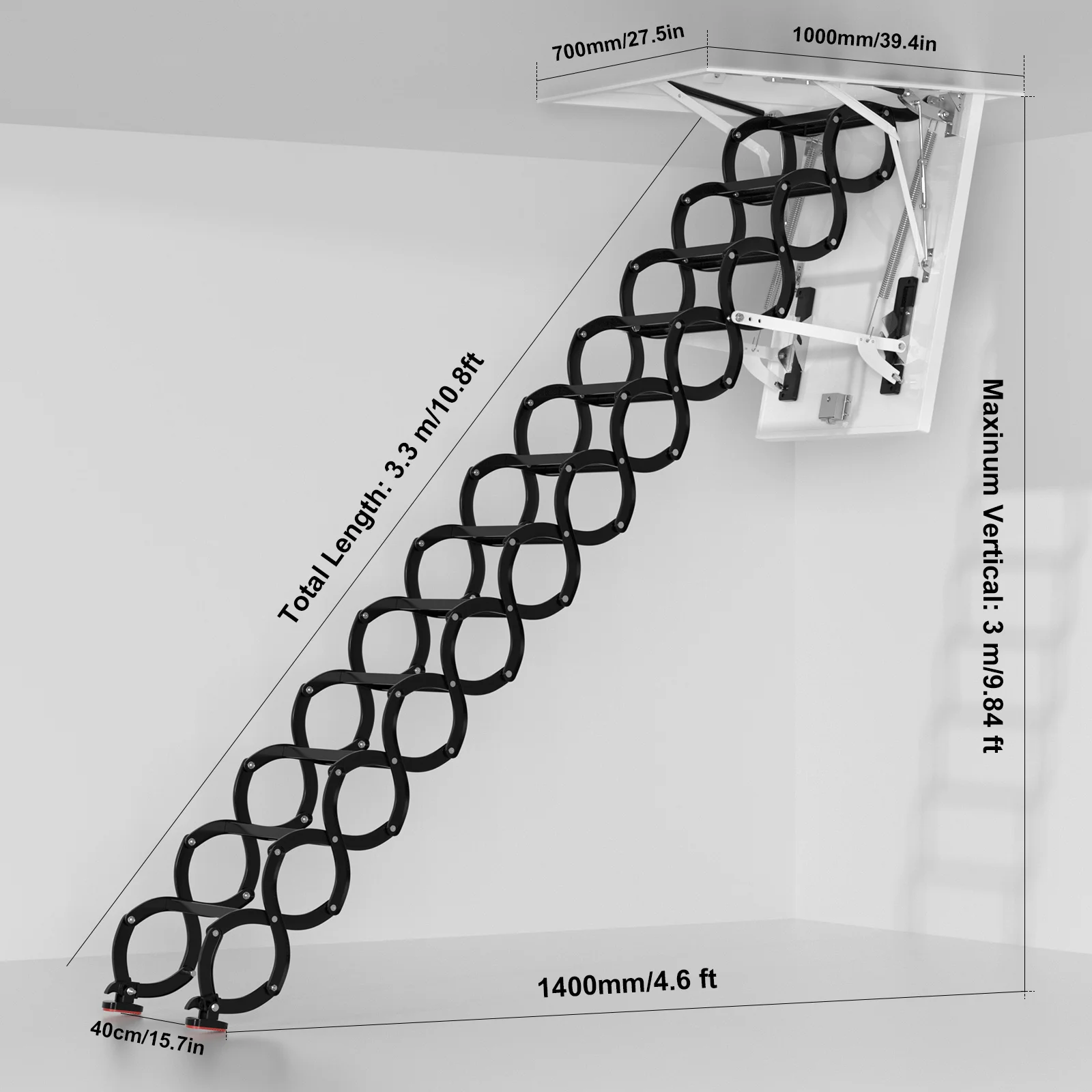 12 Steps Black loft wall ladder stairs and Pull Rod,Loft Wall Folding Pulldown Attic Ceiling Ladder Stairs 39.4 * 27.6\