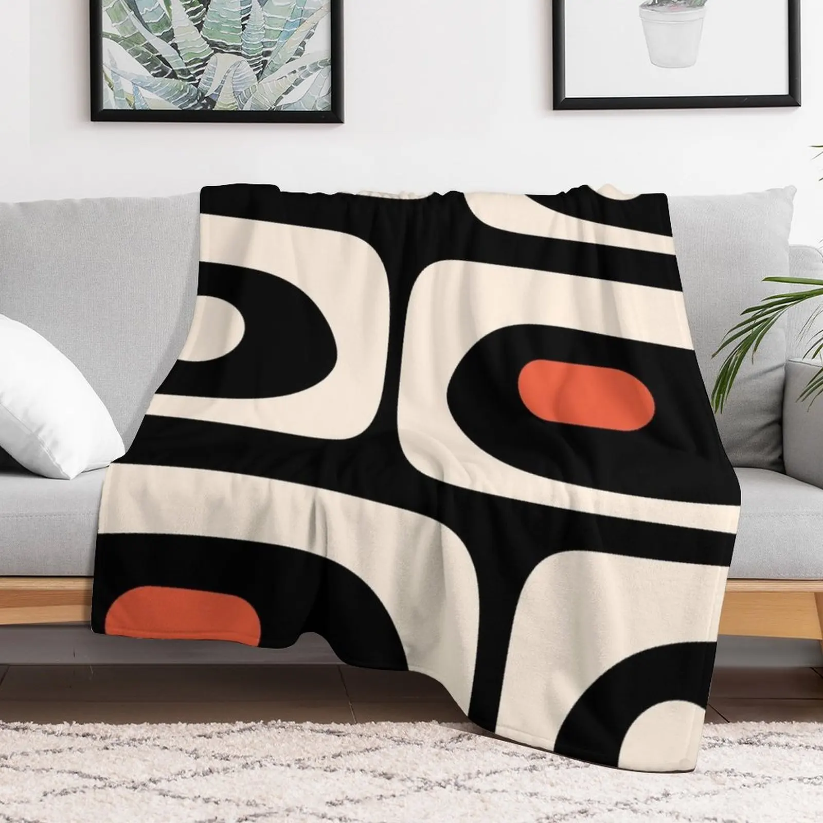 Mid Century Modern Piquet Abstract Pattern Black, Orange, and Almond Cream Throw Blanket