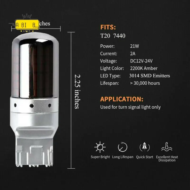 ABIB -2Pcs Chrome 7440 T20 144SMD Amber Canbus Error Free LED Lamp Bulb Turn Signal Light