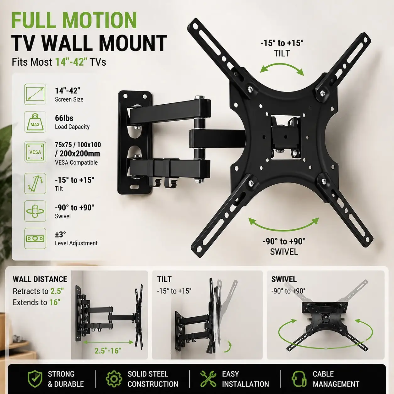 Universal Full-Motion TV Wall Mount Bracket For 32/40/43/50/55/65/75-Inch TVs, Adjustable Tilt, Swivel, And Extension, Heavy-Duty TV Wall Mount, Suitable For Living Room, Bedroom, And Office