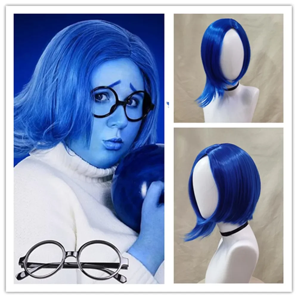 Anime Traurigkeit Blaue Bob Perücke mit schwarzer Brille Mädchen Blaue Anime Perücke Frauen Hitzebeständige synthetische Cosplay Kostüm Party Perücke