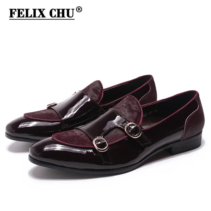 FELIX CHU Herren-Hochzeits-Loafer, Herren-Partykleid-Schuhe, Lackleder mit Pferdehaar, lässiger Mönchsriemen, formelle Schuhe für Herren