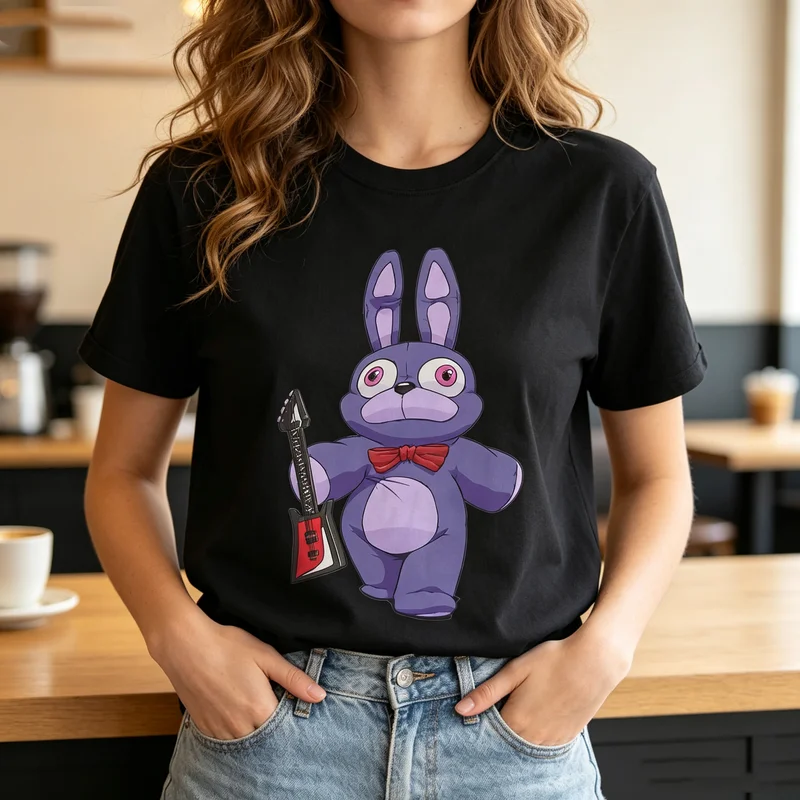 Camiseta Bonnie Purple Rabbit FNAF Five Nights At Freddys con gráfico de personaje de guitarra, camiseta informal de algodón, camisetas de manga corta unisex