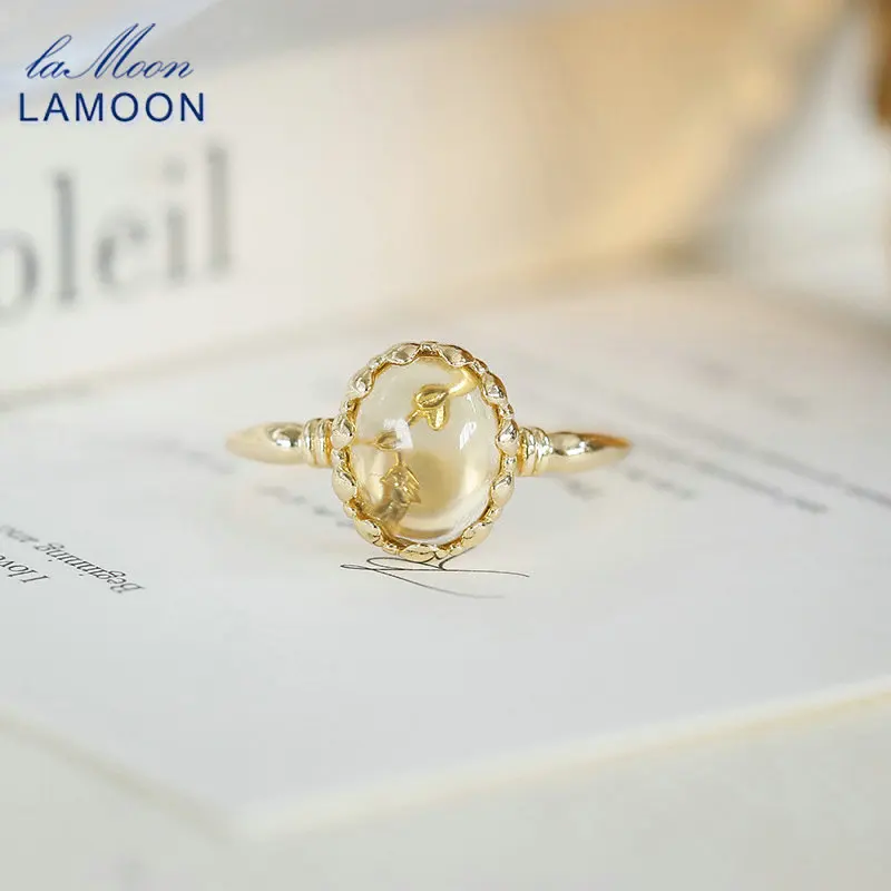 LAMOON Natural Citrine Gemstone Ring For Women Simple Elegant 925 Sterling Silver Gold Plated Party Aniversary Fine Jewelry