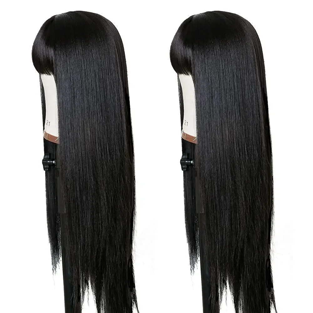 

2025halloween Perruques de cheveux synthétiques Remy longues droites avec frange, perruque entièrement fabriquée à la machine