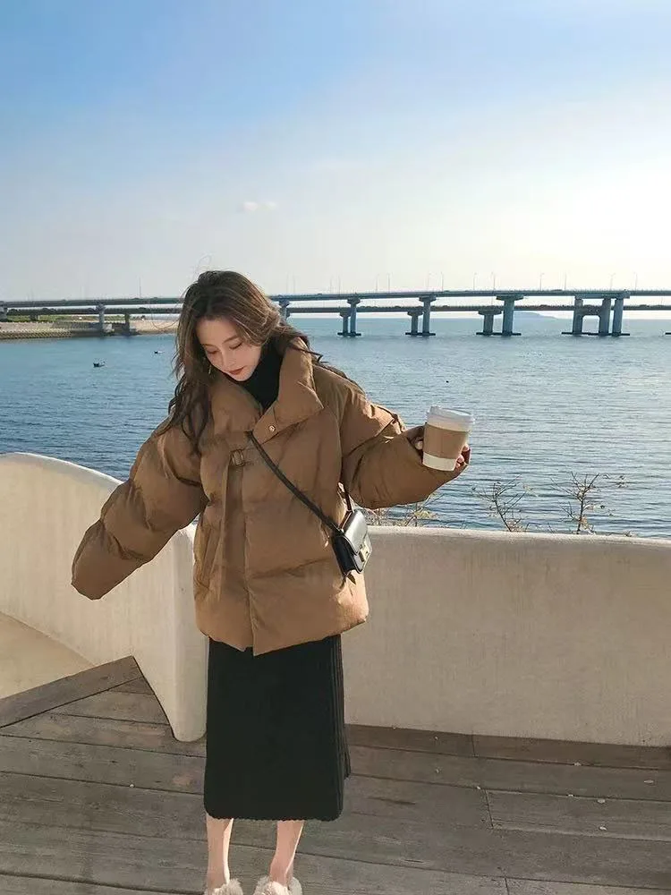 Winter Warm Parkas for Woman Korean Loose Single Breasted Crop Puffer Jacket Y2K Female Streetwear All Match Puffy Outwear