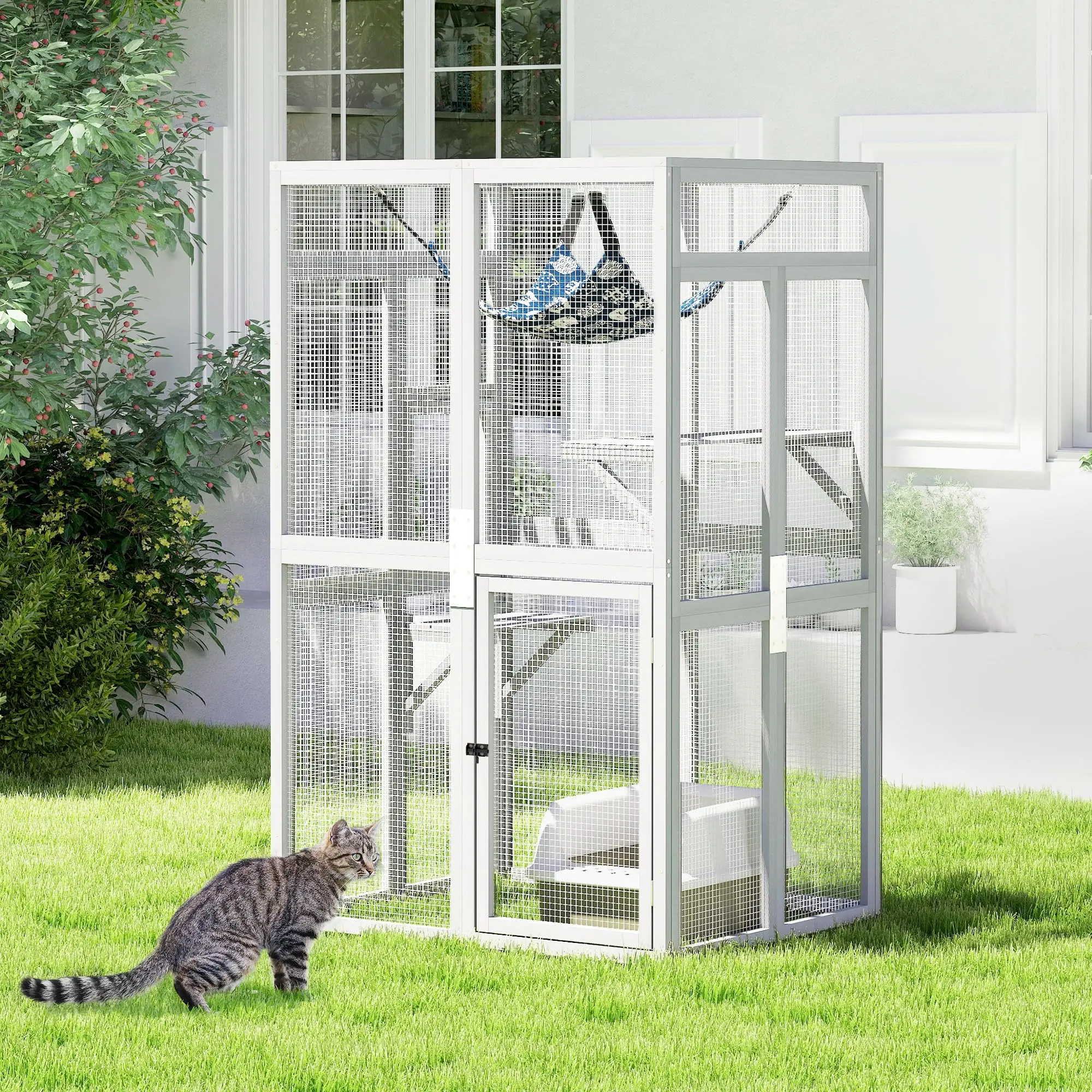 Wooden Outdoor Cat Catio Enclosure with Platforms and Hammock Gray | Weatherproof wooden cat catio with mesh walls