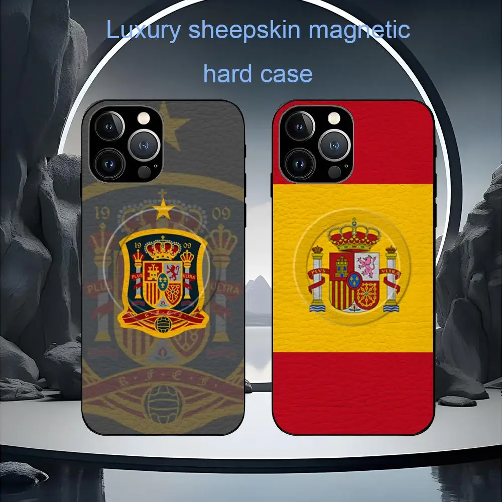 Funda para teléfono con emblema de la bandera española para iPhone 17 16 15 14 13 12 11 Plus Pro Max, piel de oveja Magsafe de alta gama y lujo