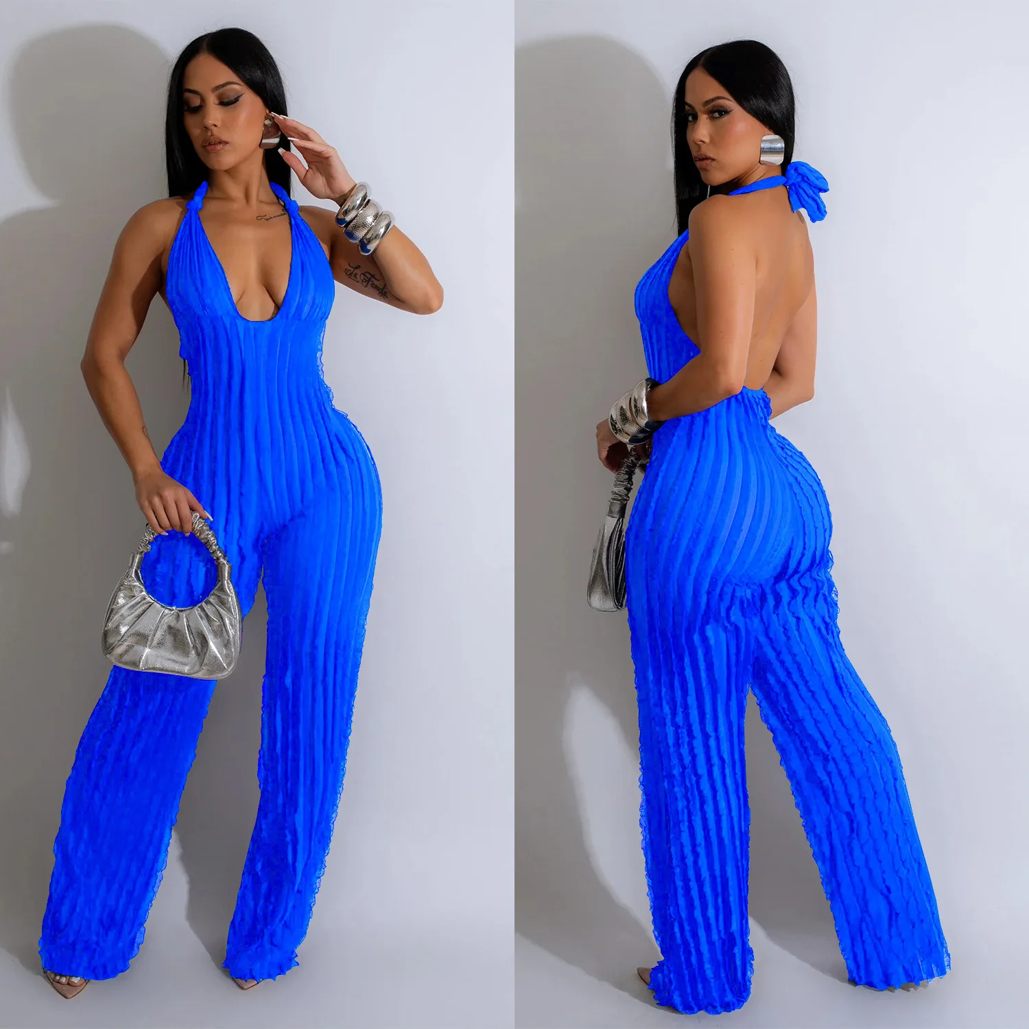 Fashion Sexy Party Gathering Club Prom Solid Color Backless Deep V Pressure Pleated Hanging Neck Jumpsuit Female