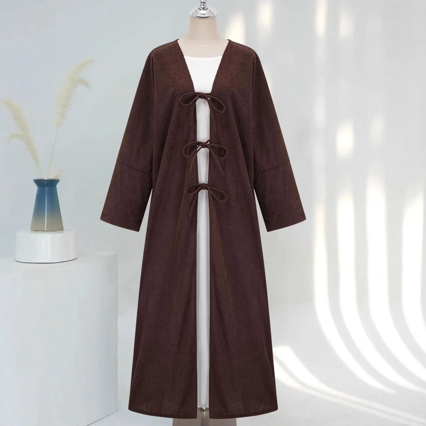 Eid Women Dresses Abayas Corduroy Cardigan Robe Lace Up Jalabiya Muslim Ramadan Morocco Dubai Kaftan Vestidos Autumn Winter 4