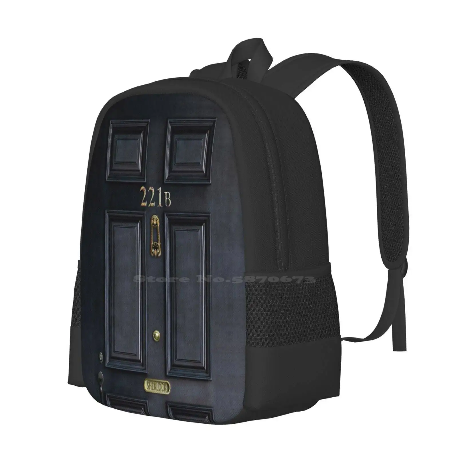 221B Baker Street Black Wood Door School Bag Big Capacity Backpack Laptop Watson Benedict 221B Nerd Geek Britain Uk Telly Tv