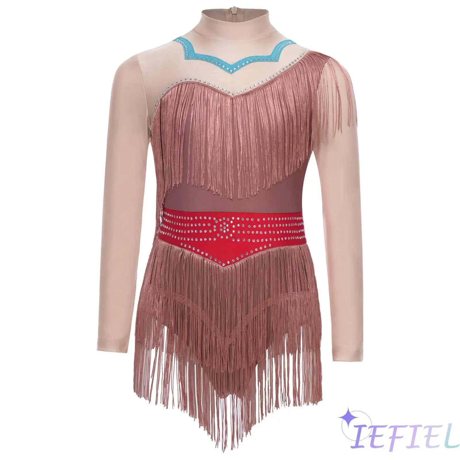Girls Indian Dance Dress Sparkly Rhinestones Long Sleeve Contrast Color Crotch Press Buttons Fringed Leotard Kids Latin Bodysuit