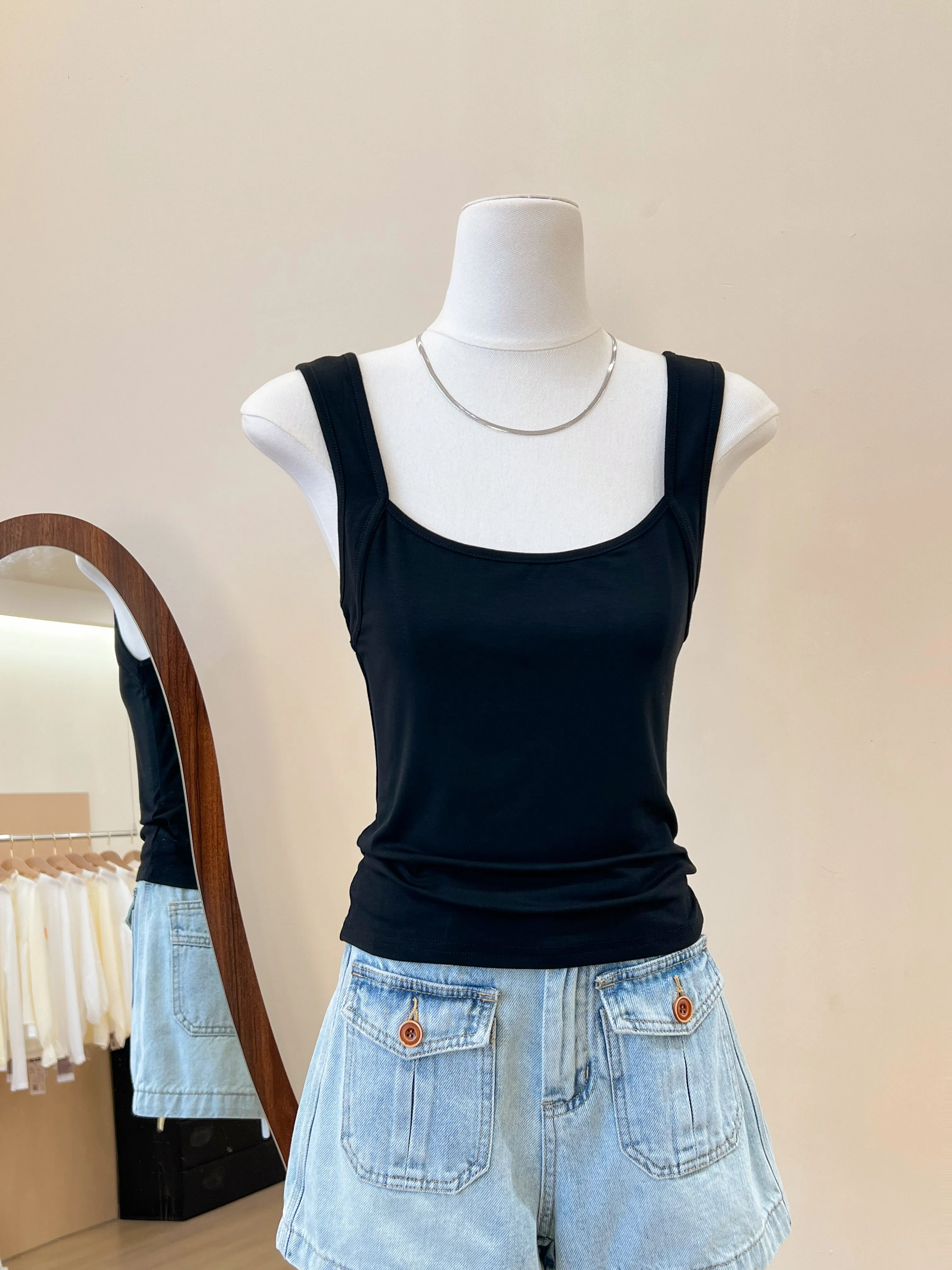 Lin Xia Summer Slim Fit Square Collar Strap Vest Women's Sleeveless Top Inner And Outer Wear Casual Fashion