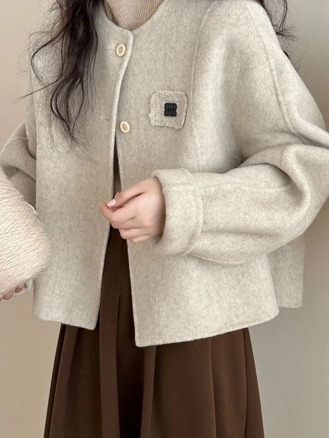 

plus Size 300 Pou Korean Sle Woolen Coat Women's Autumn Winter Design round Ne Small Size Open Cardigan Outerwear