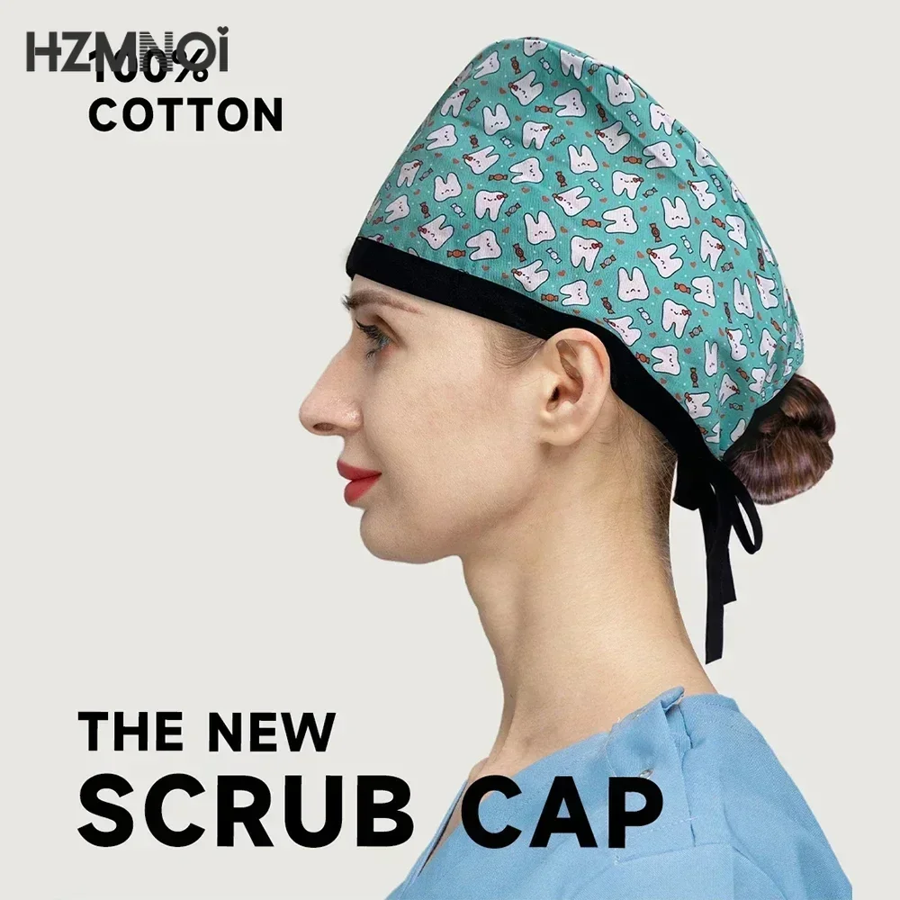 100% katun kartun cetak bunga topi menyusui wanita topi dokter gigi klinik hewan peliharaan topi perawat laboratorium Scrub topi aksesoris kecantikan